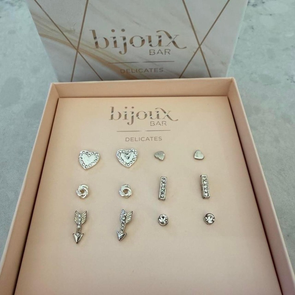 Bijoux Bar Delicates 6 Pair Silver Tone Stud Earrings Gift Set NWT Rhinestones